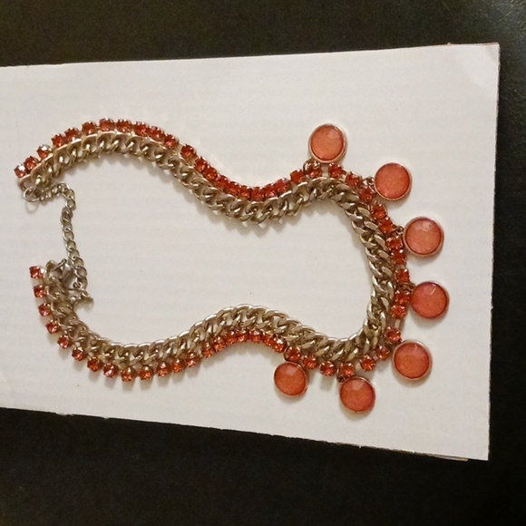 Stunning Gold Toned Statement Necklace w/ Orange Rhinestones & Charms MUST SEE - Picture 1 of 6